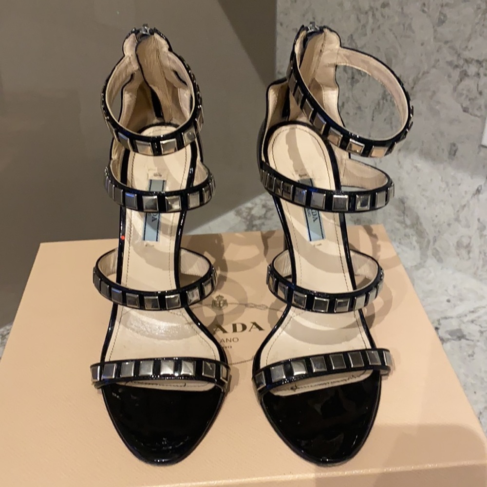 Prada Vernice Nero High Heel Sandal- Black- Size 39